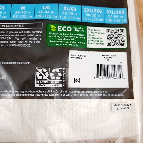 Fruit of The Loom Men's Thermal Crew Neck Shirt, Cream, Size M - Picture 5 of 6